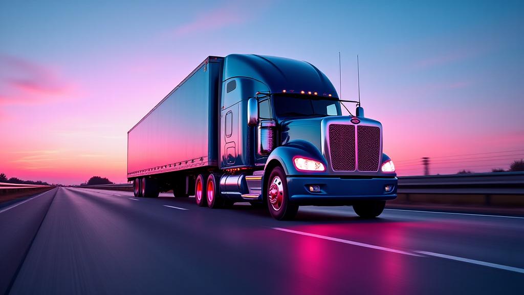 Modern semi-truck with colorful neon lighting driving through a city at night