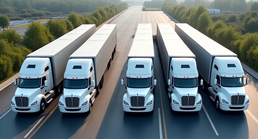 Aerial shot of our well-maintained white truck fleet in Houston
