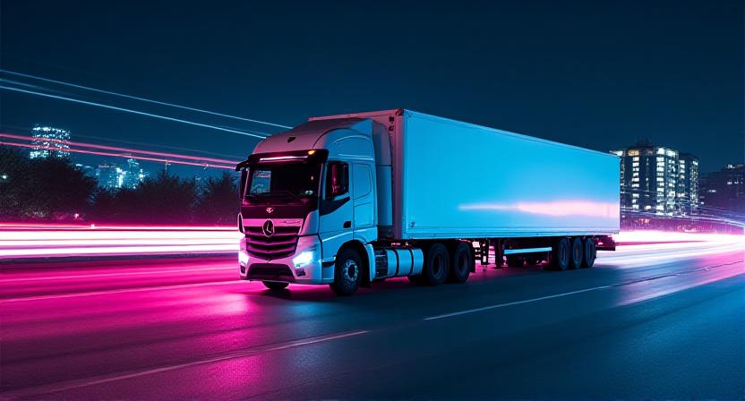 Modern logistics truck moving on a highway at night with light trails
