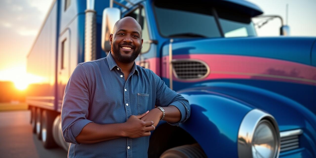 Professional truck driver smiling next to a modern heavy-duty rig