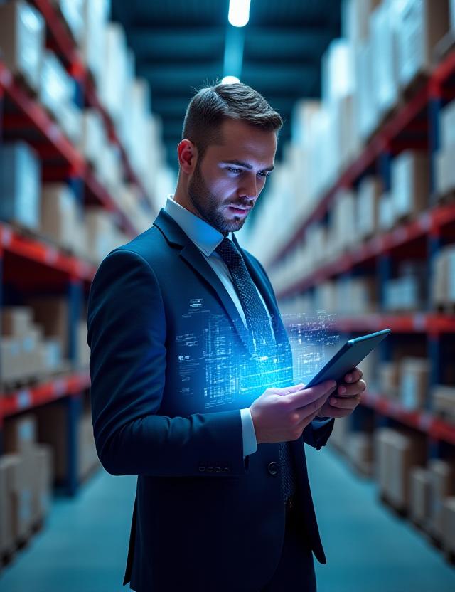 Warehouse worker using a tablet for inventory management